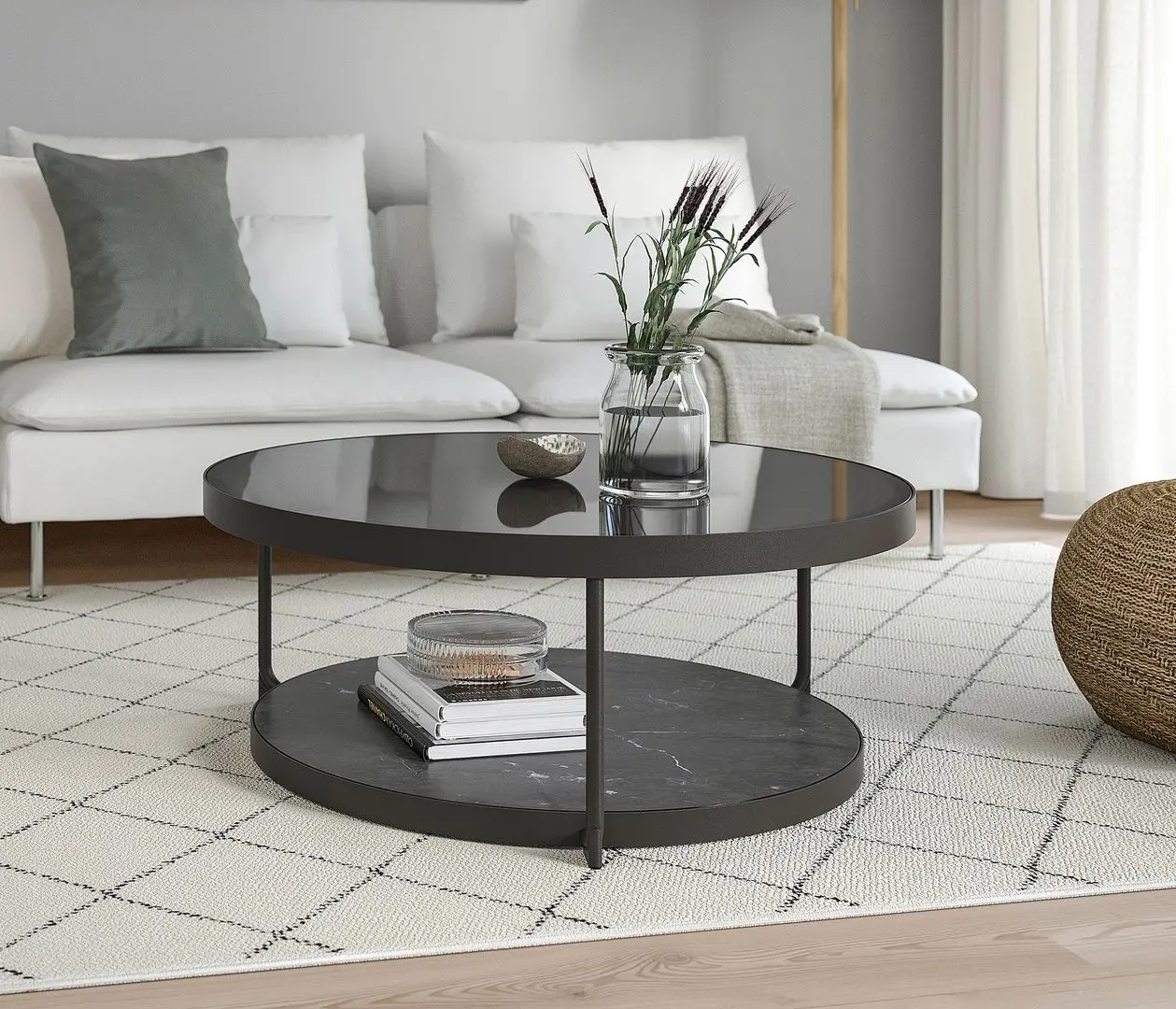 Masuta de cafea Ikea Frotorp sticla 88cm (Antracit/Aspect marmura/Negru)