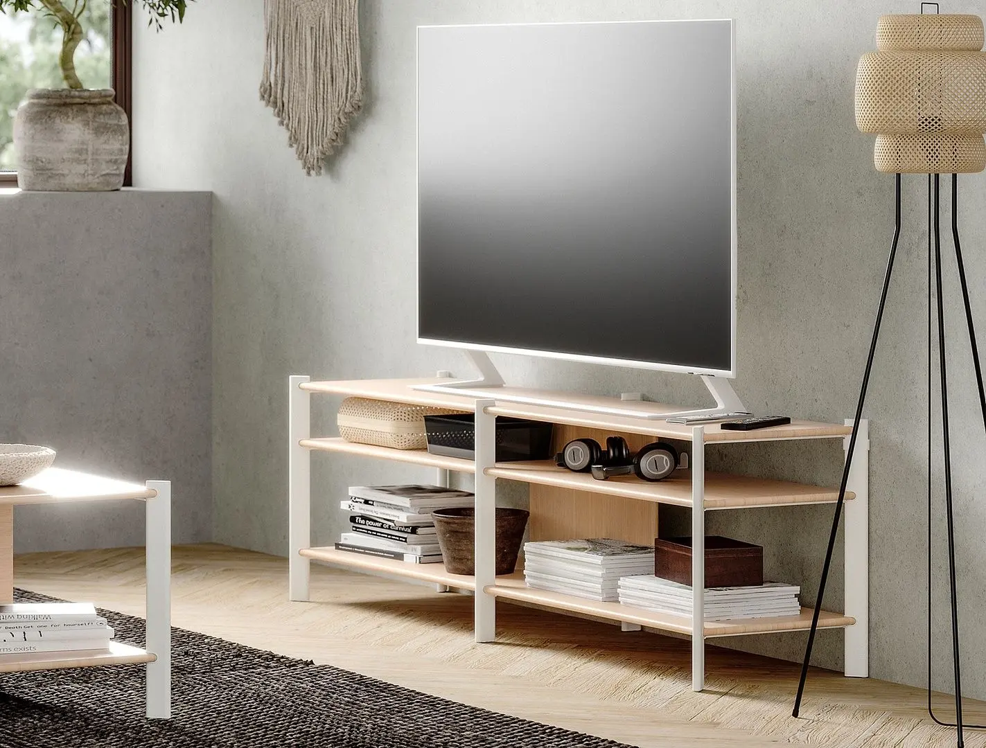 Tumba pentru TV Ikea Jattesta 160x40x49 (Alb/Bambus Deschis)