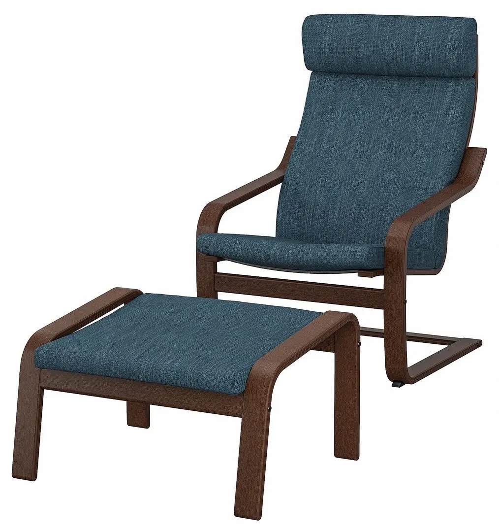 Fotoliu cu taburet Ikea Poang/Hillared (Maro/Albastru inchis)