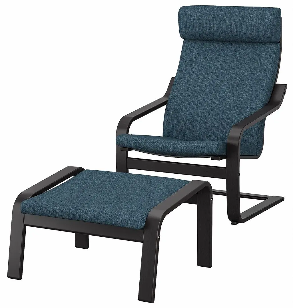 Fotoliu cu taburet Ikea Poang/Hillared (Negru-maro/Albastru inchis)