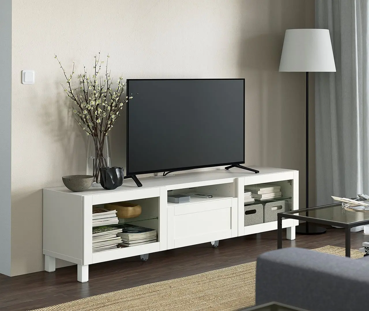 Tumba pentru TV Ikea Besta/Hanviken/Stubbarp sticla 180x42x48 (Alb)