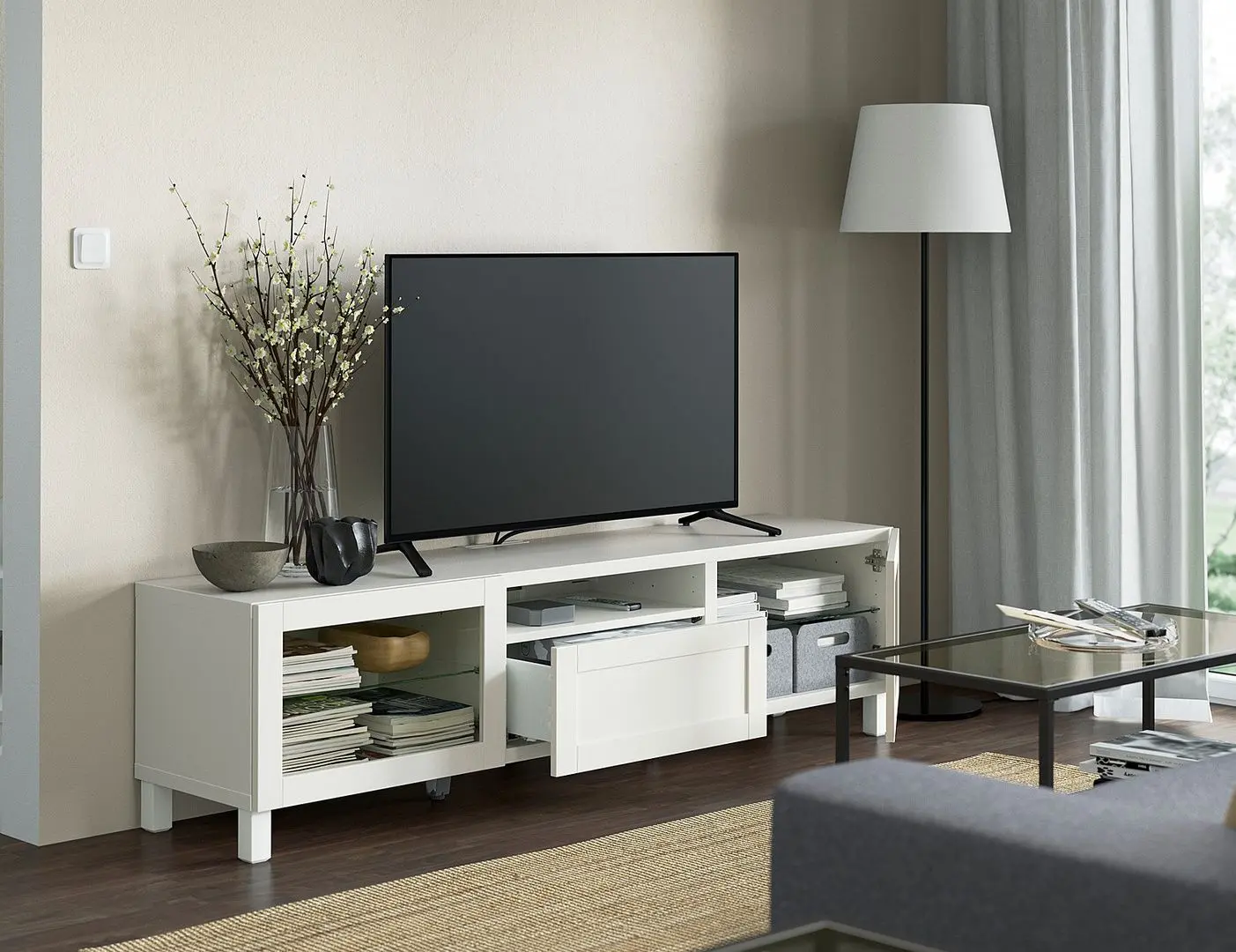 Tumba pentru TV Ikea Besta/Hanviken/Stubbarp sticla 180x42x48 (Alb) - 8