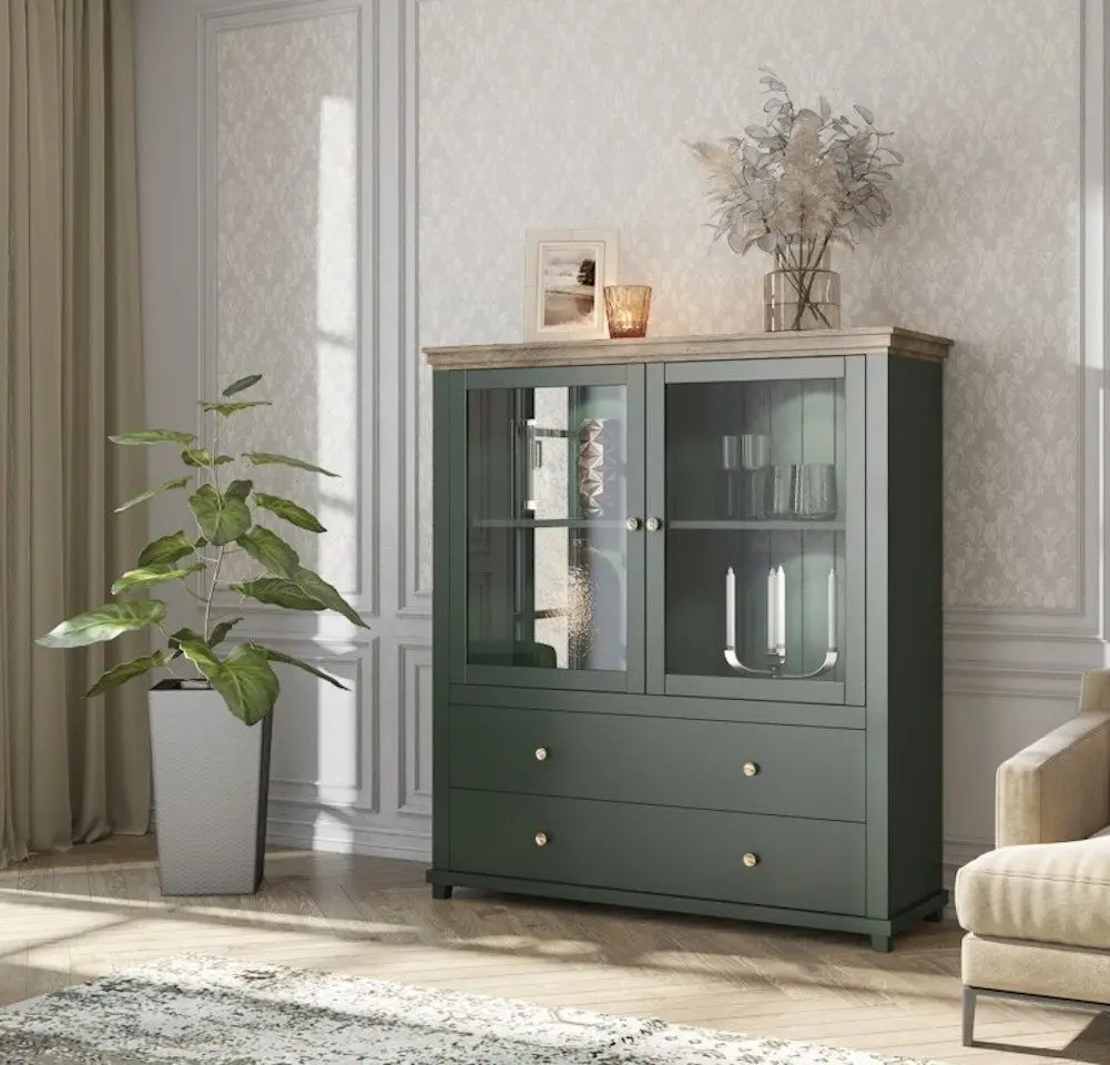 Dulap-Vitrina Helvetia Evora №46 2D2S (Green/Lefkas Oak)