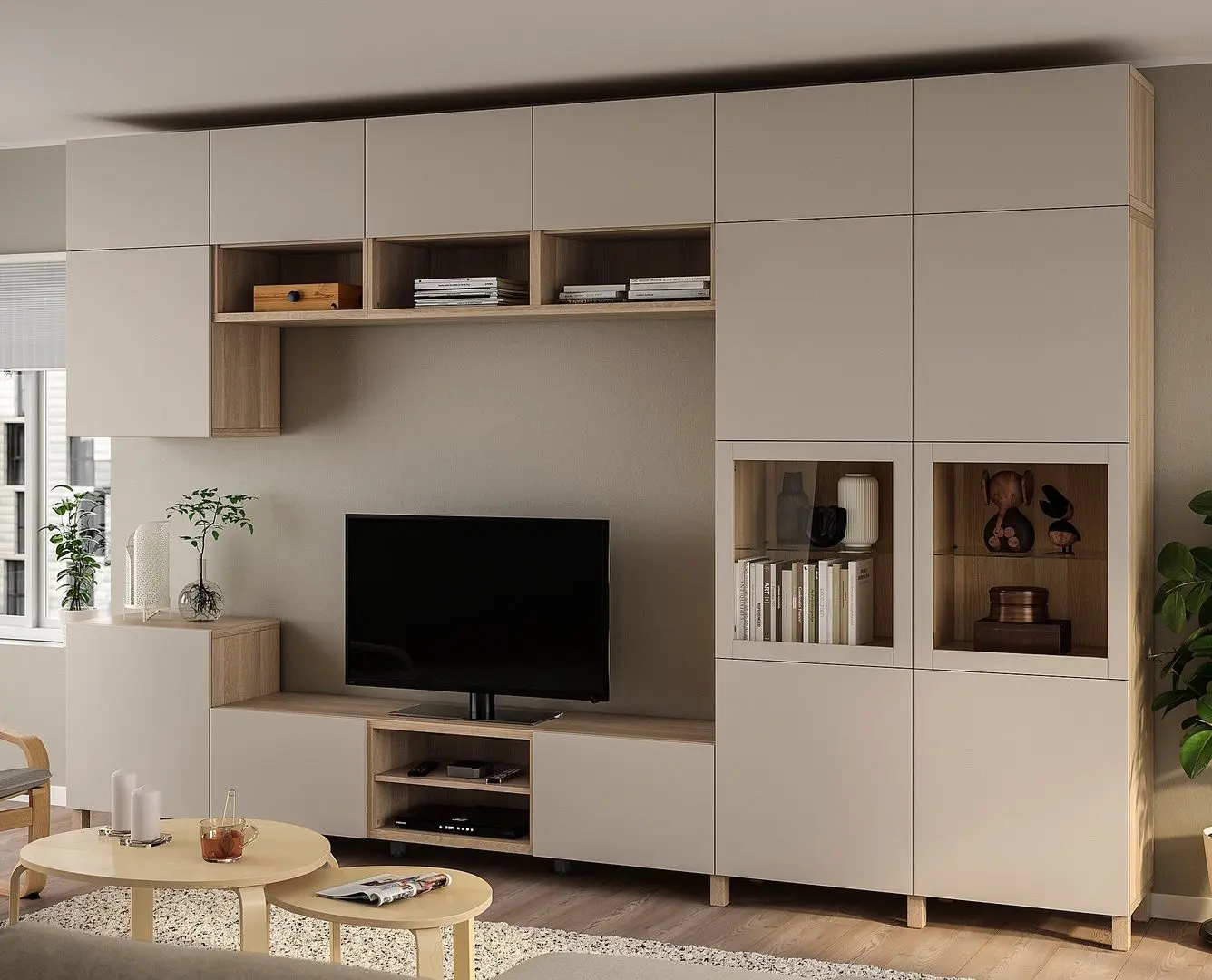 Гостиная Ikea Besta/Lappviken/Sindvik стекло/плавно-закрывающиеся направляющие 360x42x240 (Шпон белого дуба)