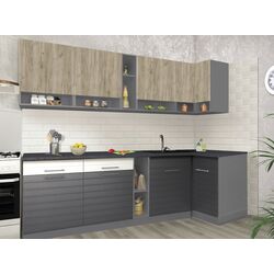 Bucatarie de colt Modern Monro 2.6m (Grey Craft Oak/White Gloss/Asphalt) Thumb