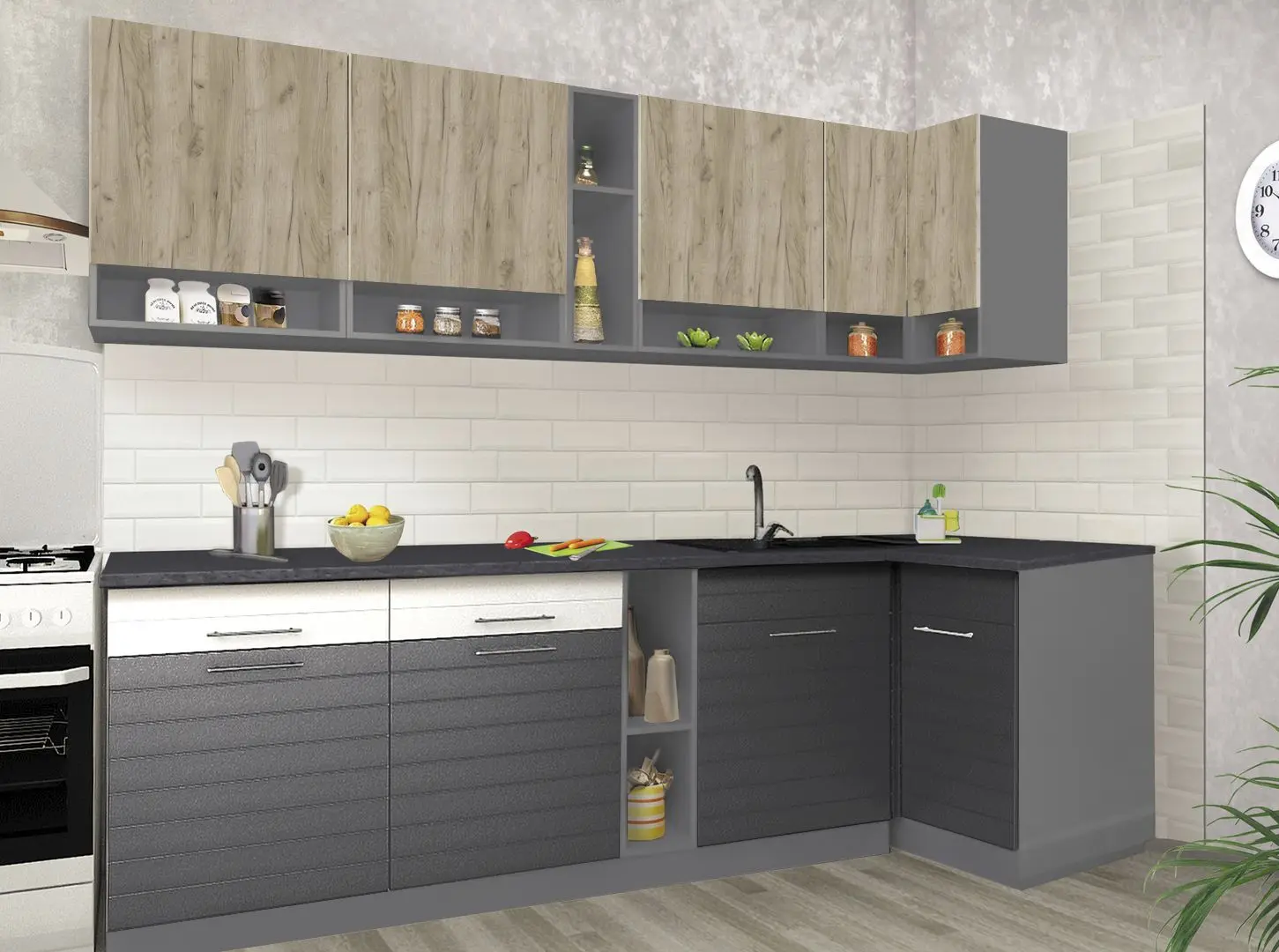 Bucatarie de colt Modern Monro 2.6m (Grey Craft Oak/White Gloss/Asphalt)