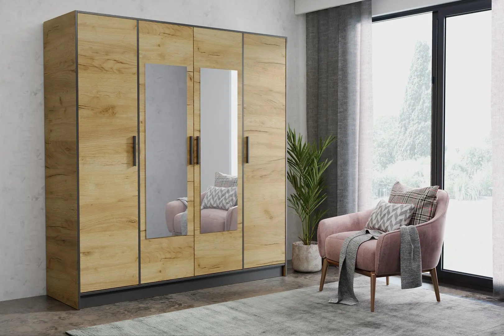 Dulap Prime Furniture Roj 4D 207 with decorative stripes (Craft Golden Oak/Black)