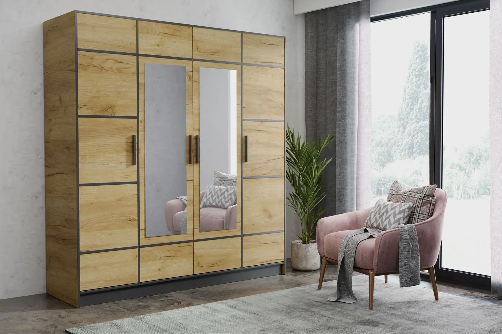 Dulap Prime Furniture Roj 4D 207 with decorative stripes (Craft Golden Oak/Black)