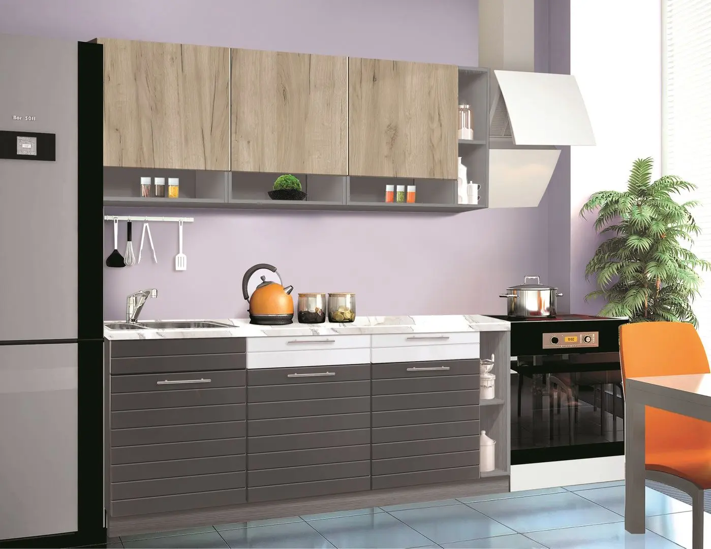 Bucatarie Modern Monro 2.0m (Grey Craft Oak/White Gloss/Asphalt)