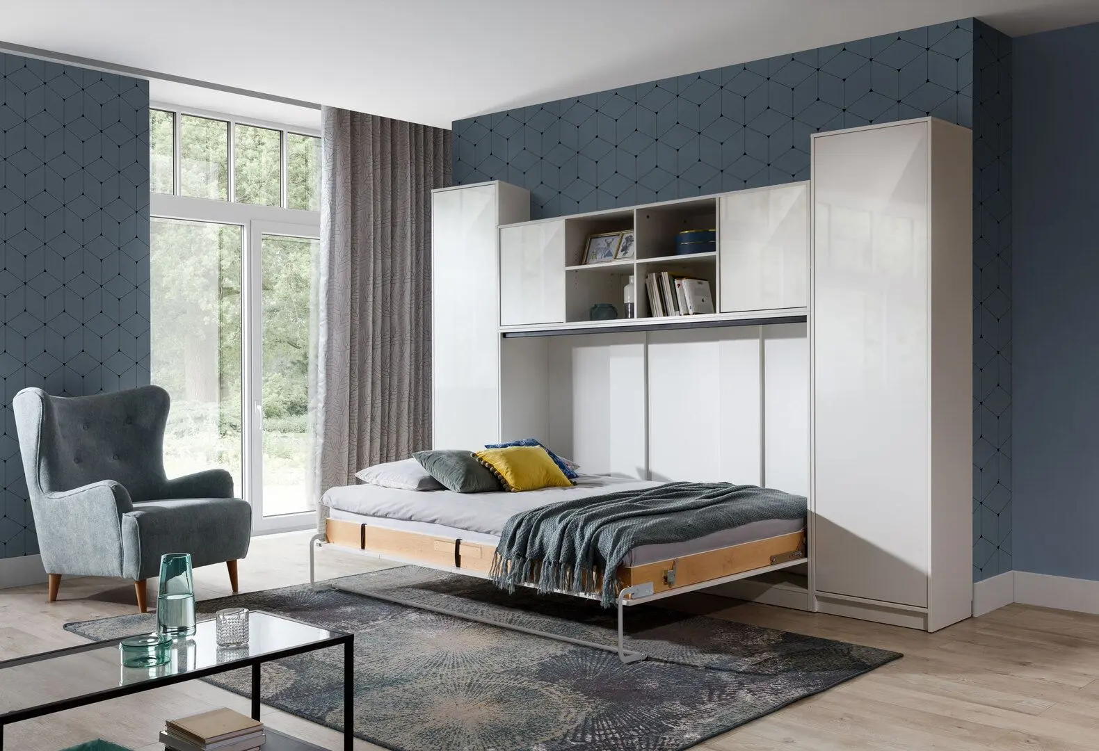 Set mobilier New Elegance Basic BS-P-H-120-BP + BS-SZ-S-BP + BS-SZ-P-BP + BS-N-BP Horizontal 120x200 (White Matte/White Gloss)