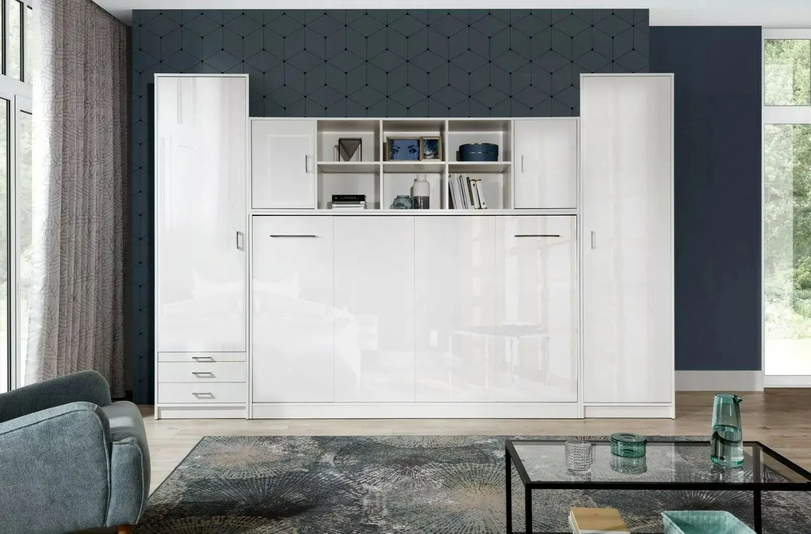 Set mobilier New Elegance Basic BS-P-H-120-BP + BS-SZ-S-BP + BS-SZ-P-BP + BS-N-BP Horizontal 120x200 (White Matte/White Gloss)