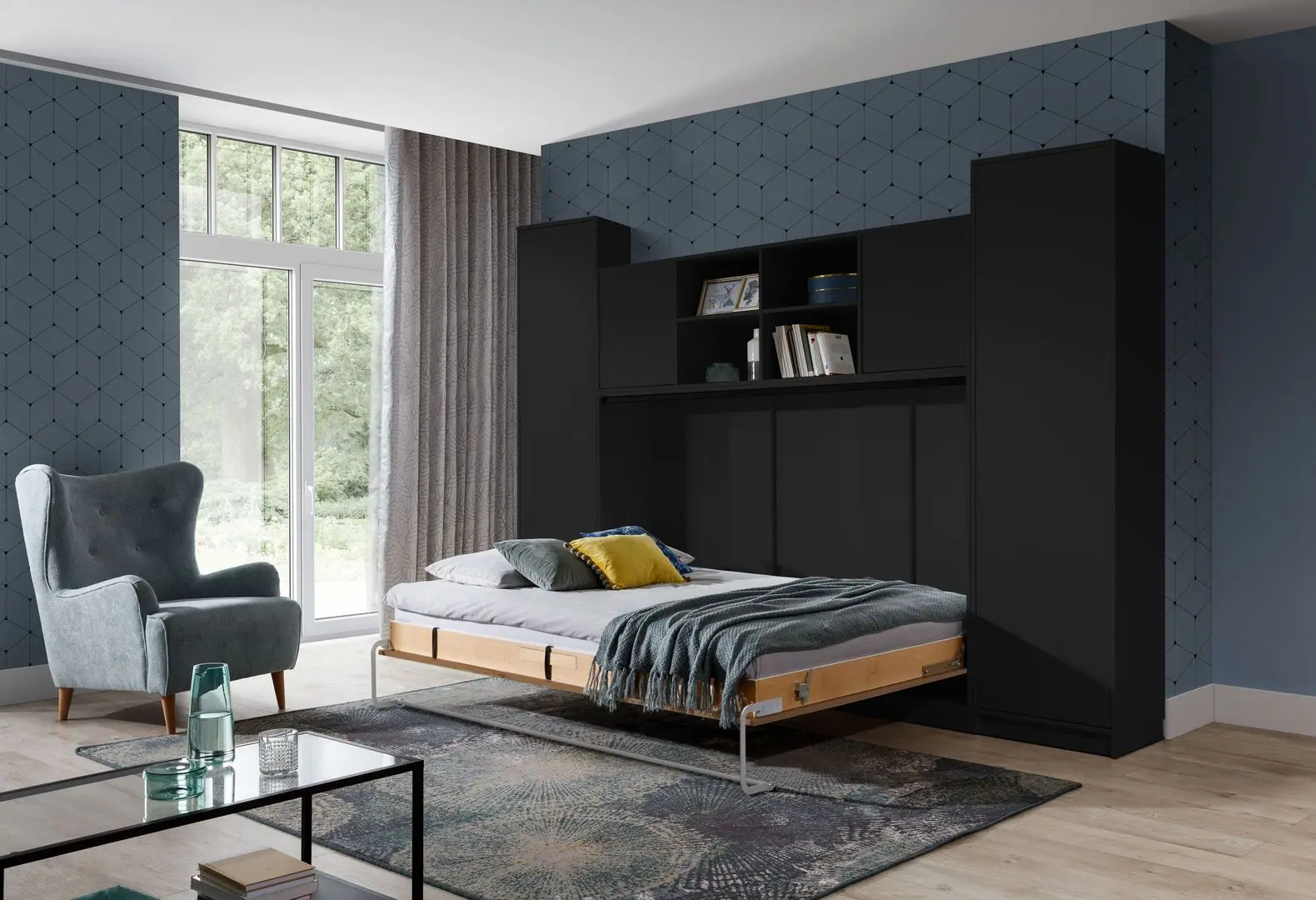 Set mobilier New Elegance Basic BS-P-H-120 + BS-SZ-S + BS-SZ-P + BS-N Horizontal 120x200 (Black/Oak Lancelot)