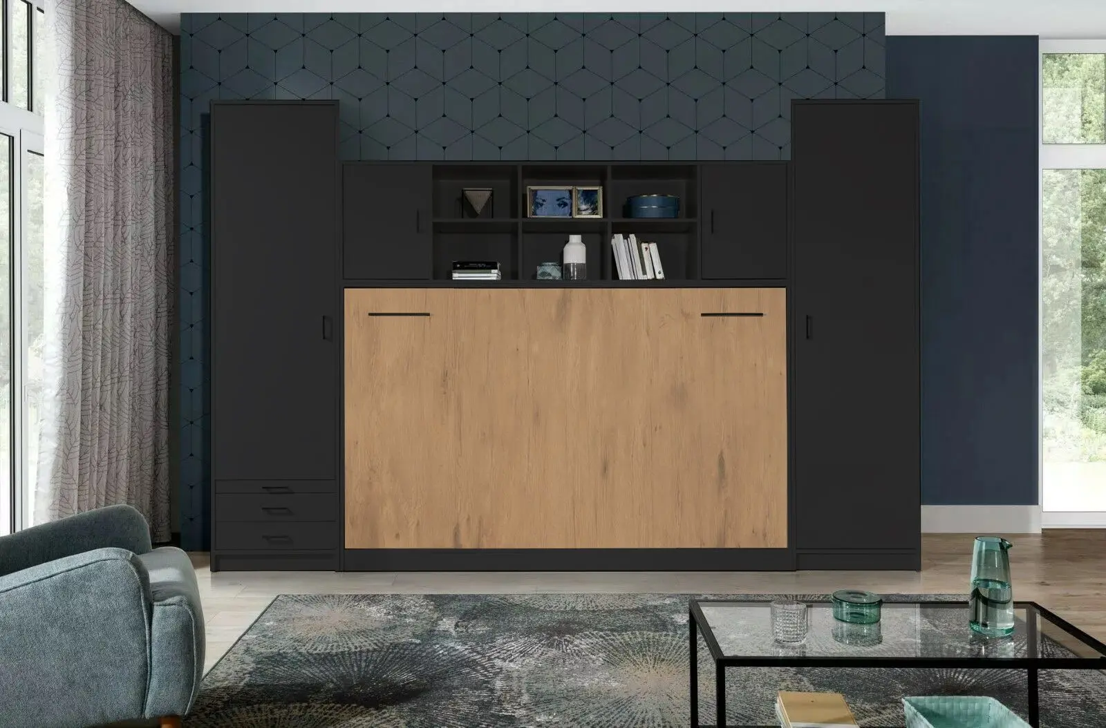 Set mobilier New Elegance Basic BS-P-H-120 + BS-SZ-S + BS-SZ-P + BS-N Horizontal 120x200 (Black/Oak Lancelot)