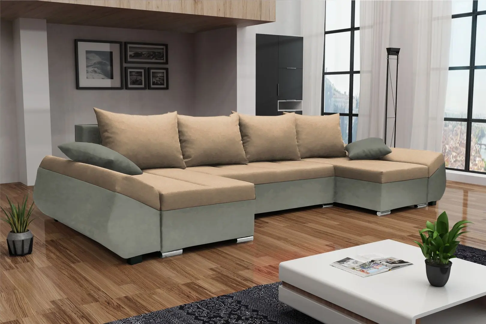 Диван П-образный Space Meble Korfu U Mikrofaza 05/Mikrofaza 14 (Brown Light/Gray-Green)