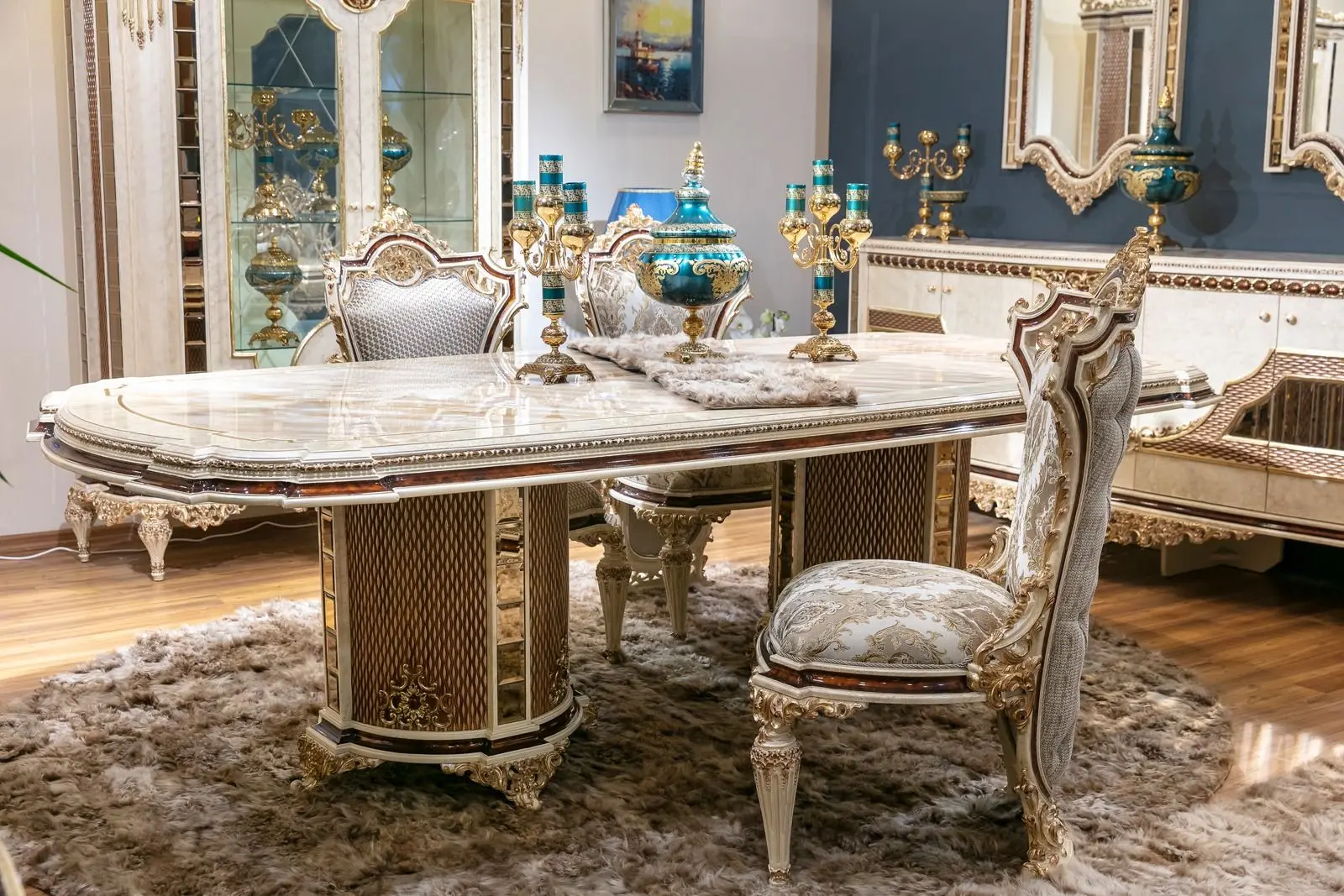 Set de mobilier pentru sufragerie Charme&Luxe Furniture Basak №10 (Beige Marble/Gold/Gray)