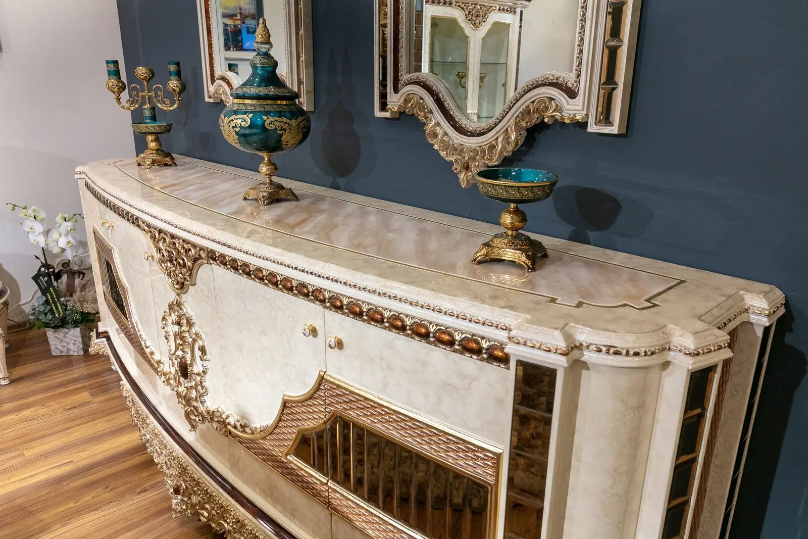 Set de mobilier pentru sufragerie Charme&Luxe Furniture Basak №10 (Beige Marble/Gold/Gray)