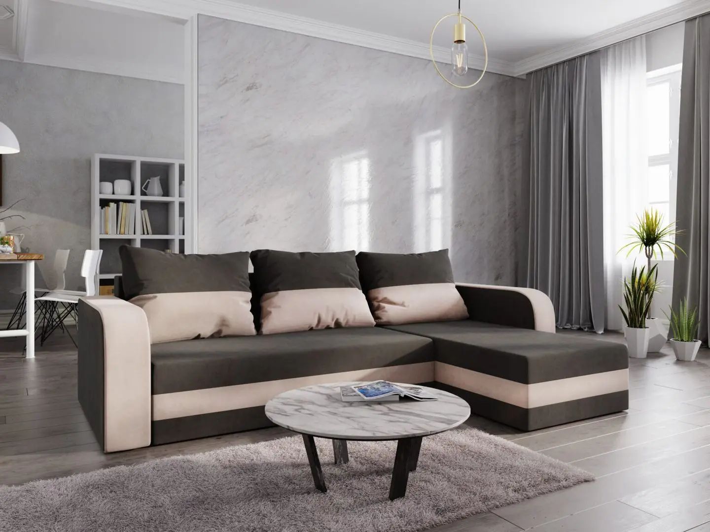 Canapea de colt Space Meble Hewlet Bis Sawana 05/Sawana 01 (Dark Gray/Ecru)