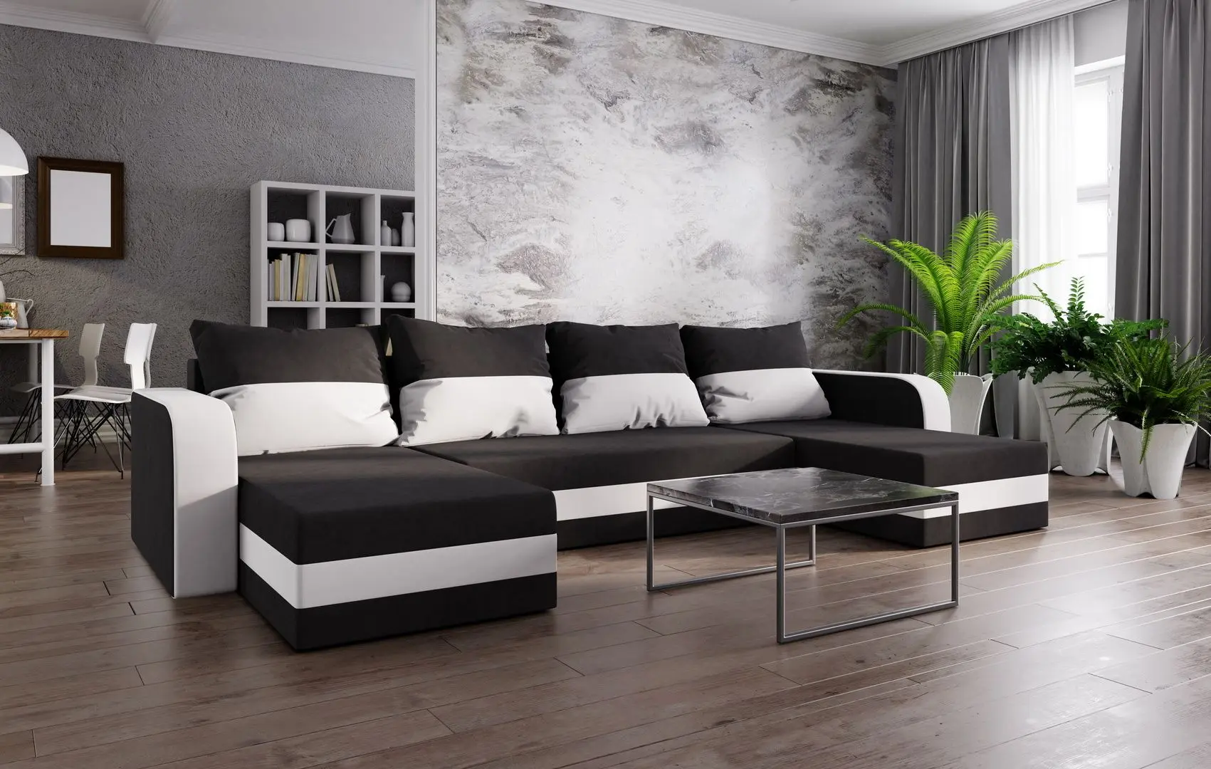 Canapea in forma de U Space Meble Hewlet U Bis Mikrofaza 15/Mikrofaza 31 (Black/White)