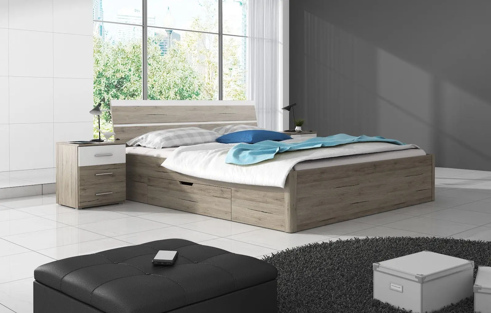 Кровать Helvetia Beta 22AE1651 с ящиками 160x200 (Sanremo Oak/White)