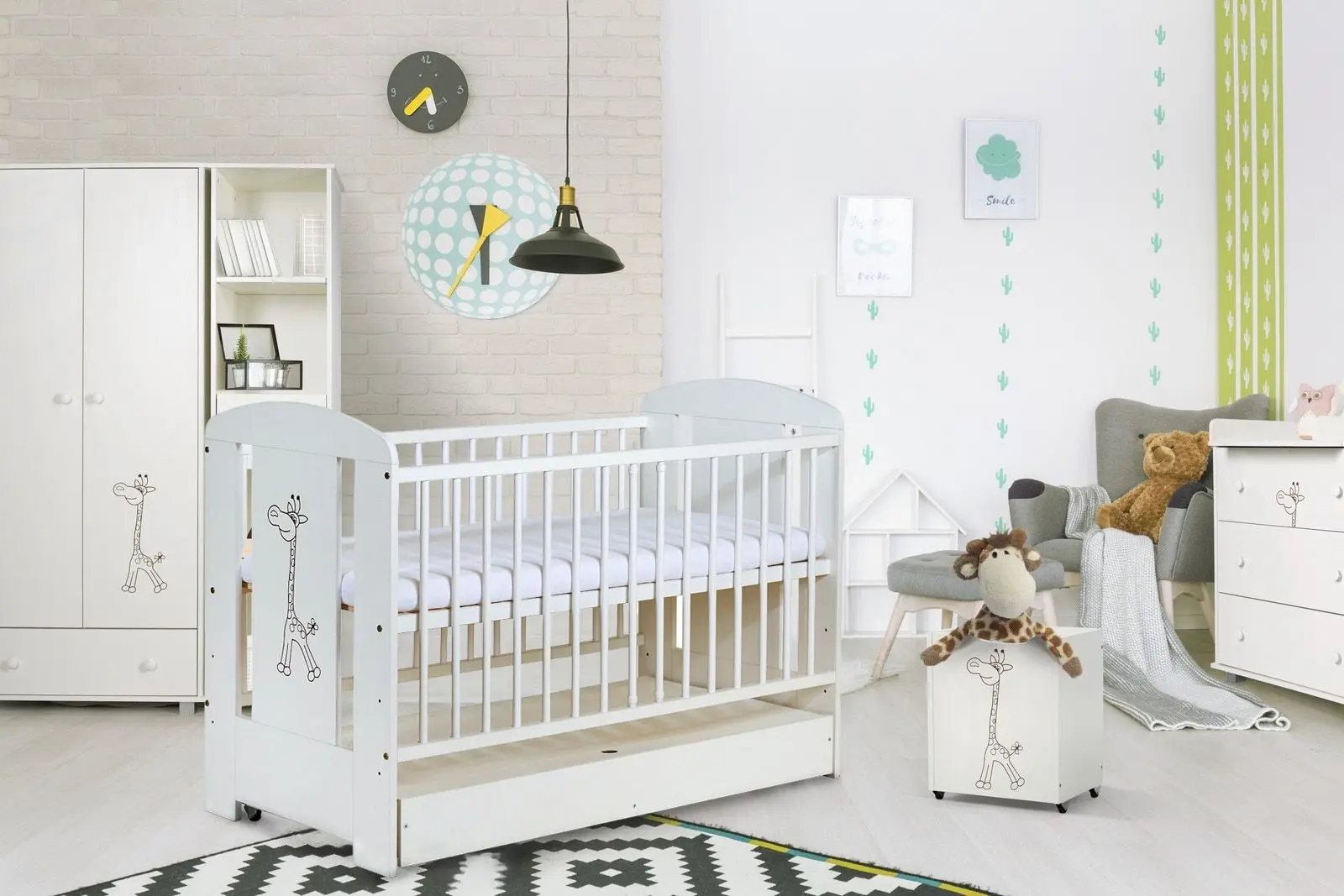 Кроватка Klups Safari Giraffe с ящиком + матрас 8см (White) - 4