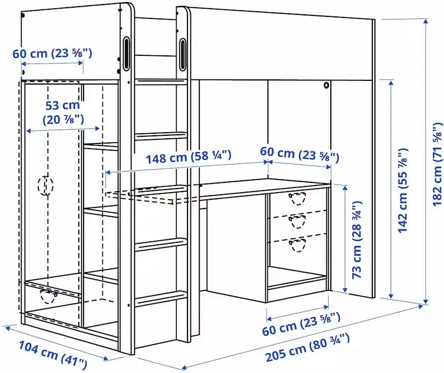 Pat supraetajat Ikea Smastad cu birou/depozitare 90х200 (Alb)