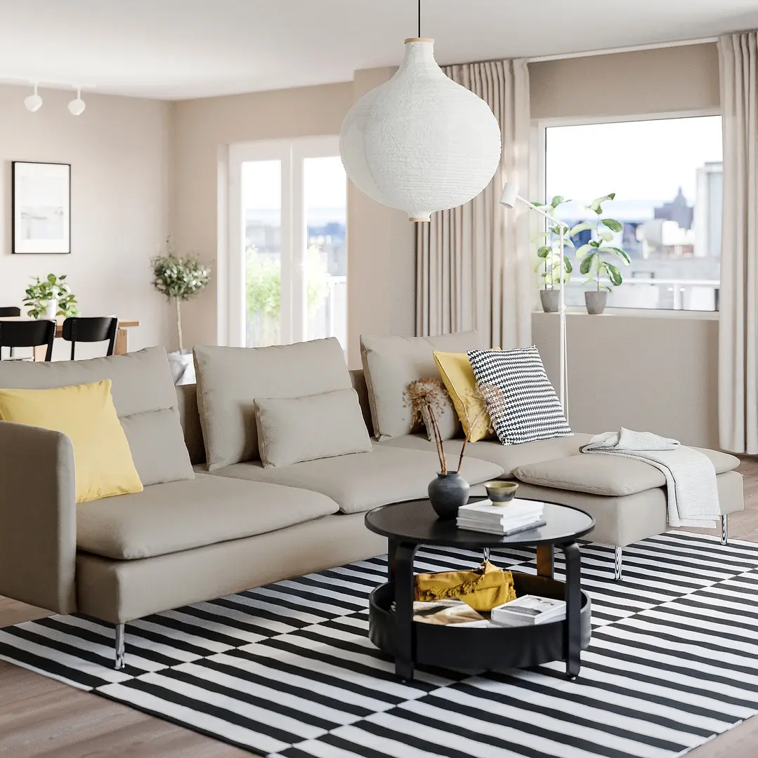 Диван угловой Ikea Soderhamn/Fridtuna 4-местный/шезлонг/открытая боковина (Светло-бежевый)