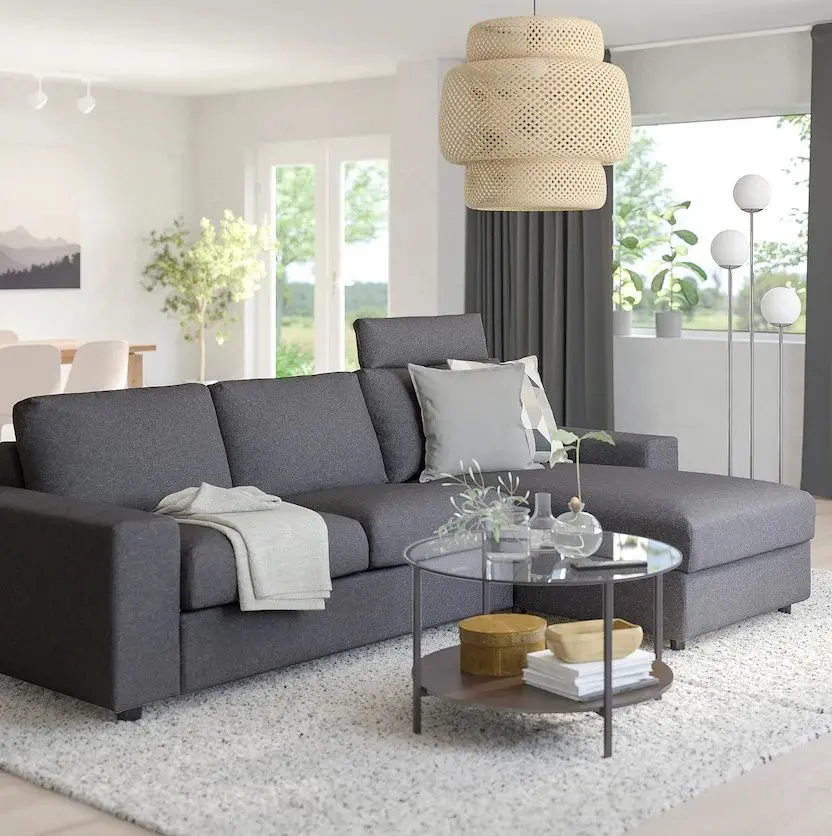 Canapea de colt Ikea Vimle/Gunnared 3 locuri/sezlong/tetiera/brate late (Gri mediu)