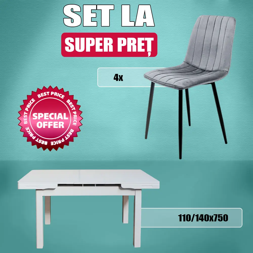 Set de sufragerie Yasen T1920 110/140x75cm White + С 2301 HLR-22 Gray (1+4)