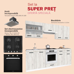 Set de bucatarie cu electrocasnice Samanta Exclusive 1 2.2m White/White Craft Oak + Wolser WL-AM 672 Black + WL-F 6400 EN Black + Tornado Solano 860 (60) IX LED Inox