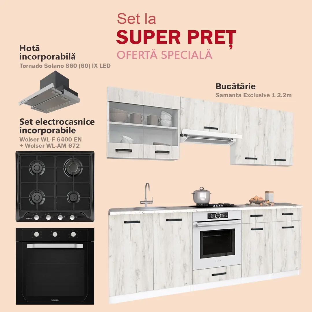 Set de bucatarie cu electrocasnice Samanta Exclusive 1 2.2m White/White Craft Oak + Wolser WL-AM 672 Black + WL-F 6400 EN Black + Tornado Solano 860 (60) IX LED Inox