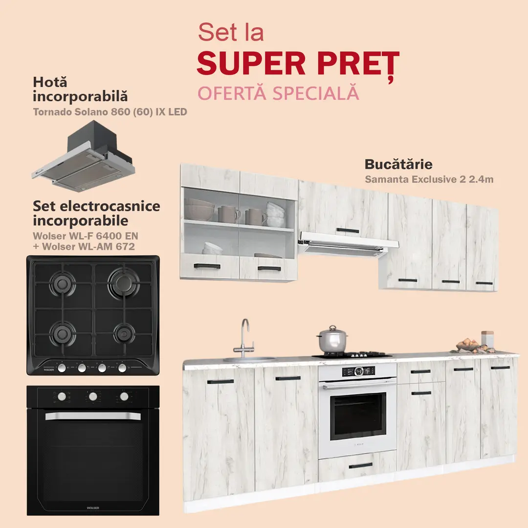 Комплект кухни с бытовой техникой Samanta Exclusive 2 2.4m White/White Craft Oak + Wolser WL-AM 672 Black + WL-F 6400 EN Black + Tornado Solano 860 (60) IX LED Inox