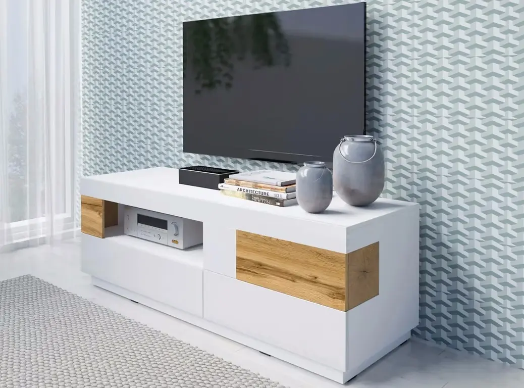 Tumba pentru TV Helvetia Silke №41 1D2S (White/White Gloss/Wotan Oak)