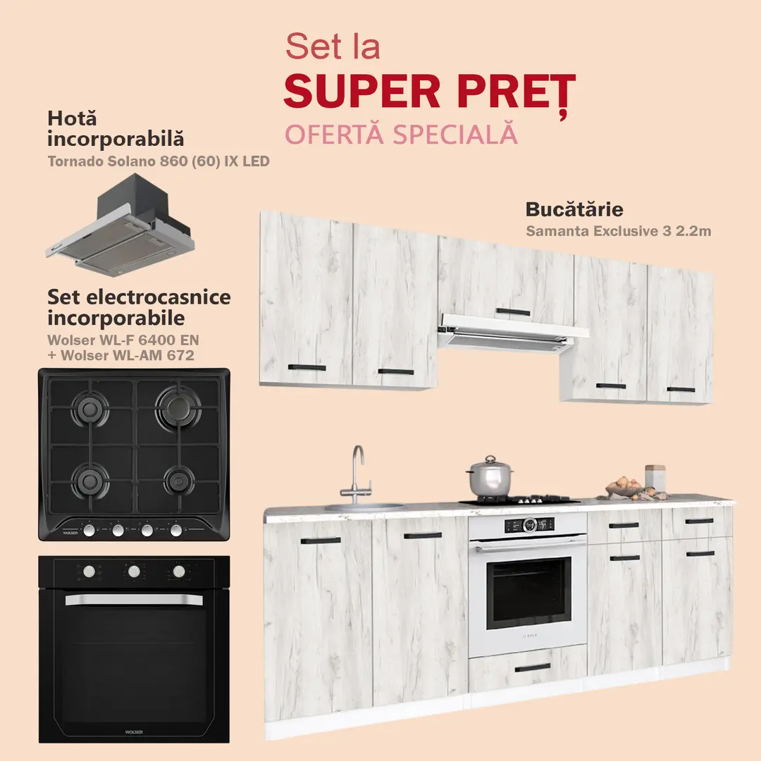 Комплект кухни с бытовой техникой Samanta Exclusive 3 2.2m White/White Craft Oak + Wolser WL-AM 672 Black + WL-F 6400 EN Black + Tornado Solano 860 (60) IX LED Inox