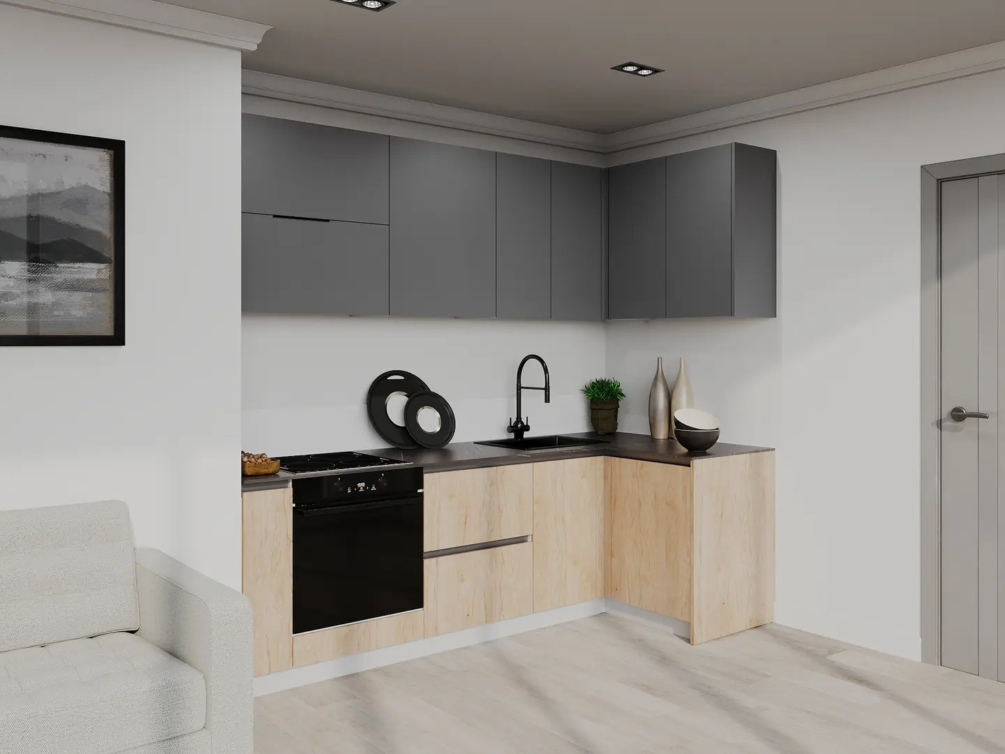 Кухня модульная угловая Bayro Monty 6 2.4x1.2m (Stone Grey/Rockford Hickory)