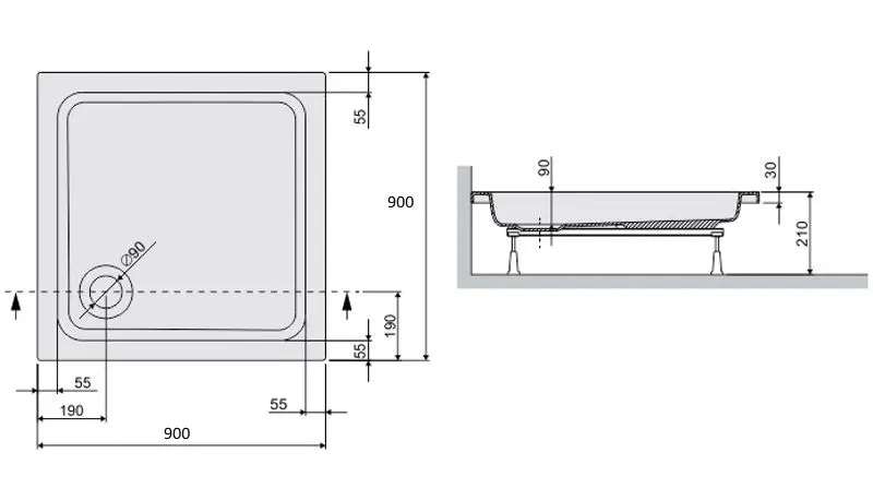 Cadita dus Sanplast B/Free 90x90x9+ST3 biew - 2