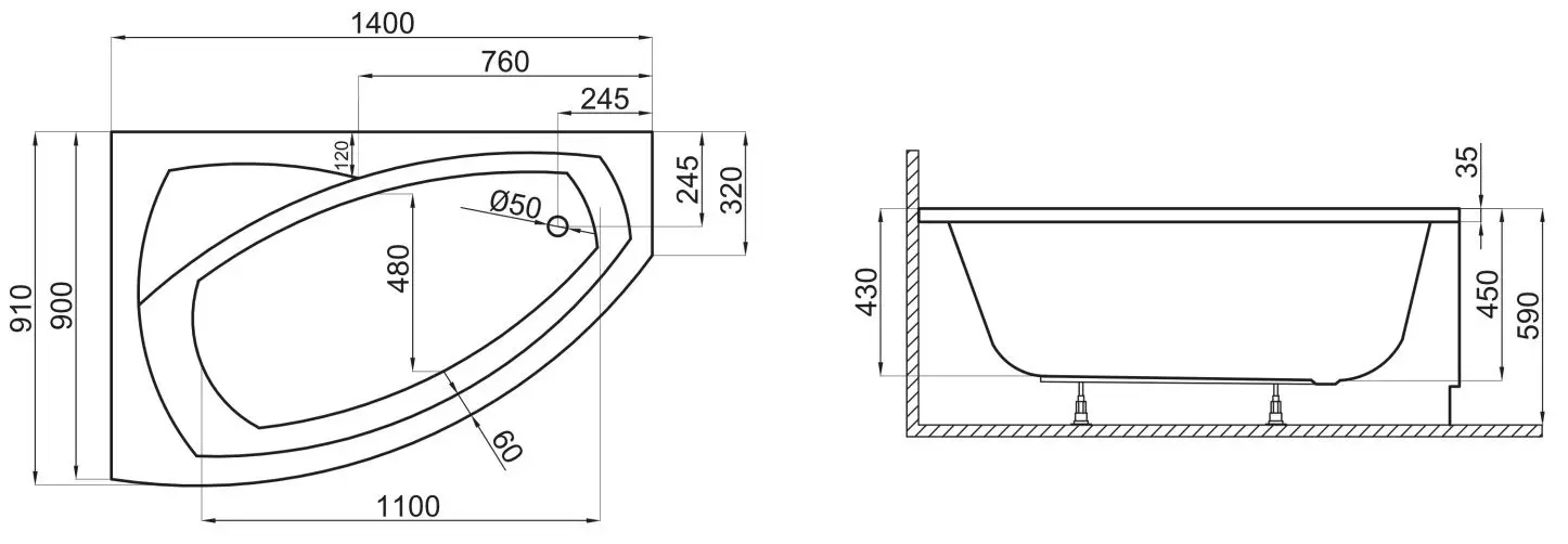 Cada de baie Polimat Frida 140x90 Left (White)
