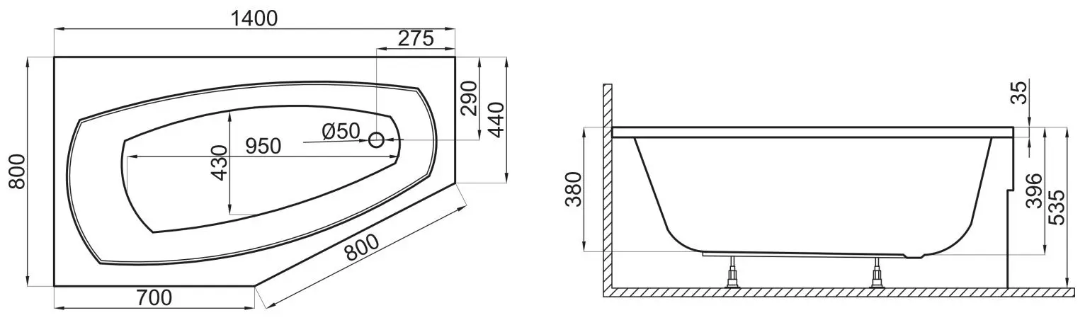Ванна Polimat Marika 140х80 Right (White)