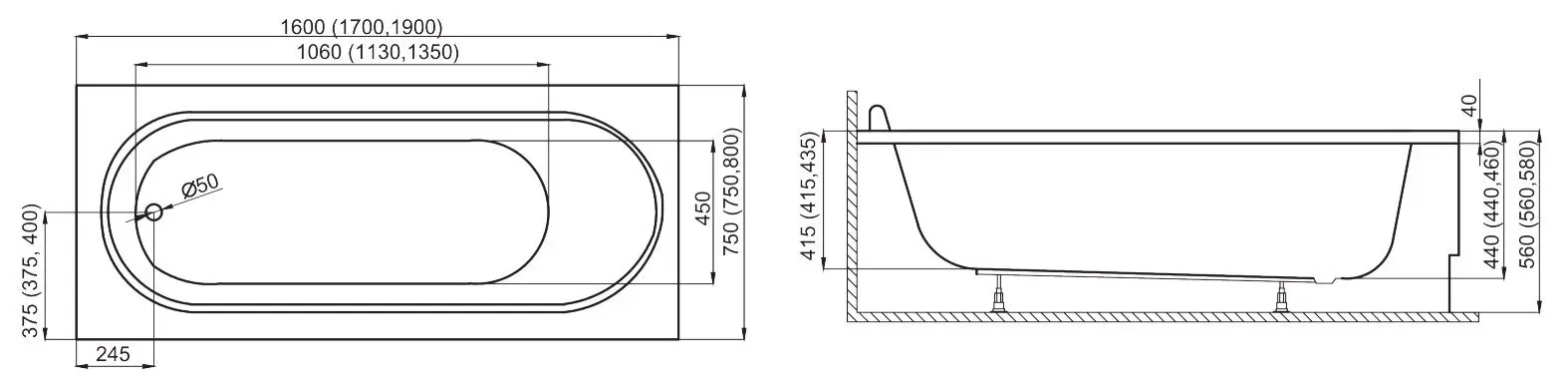 Ванна Polimat Medium 160x75 (White)