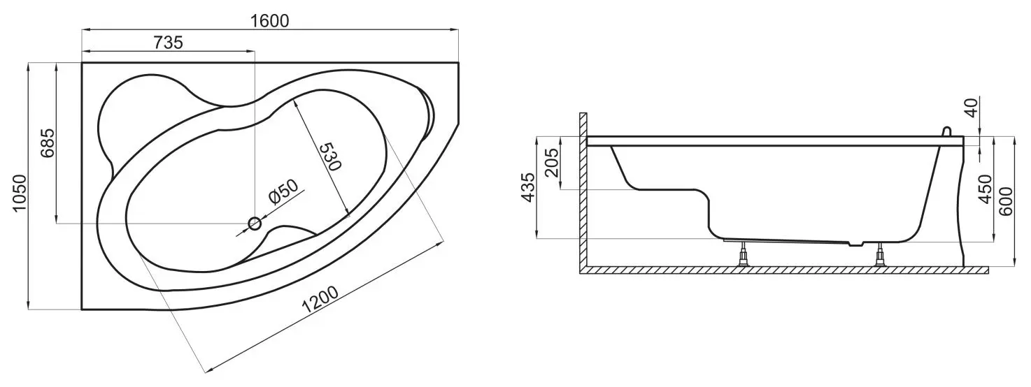 Cada de baie Polimat Mega 160x105 Right (White)