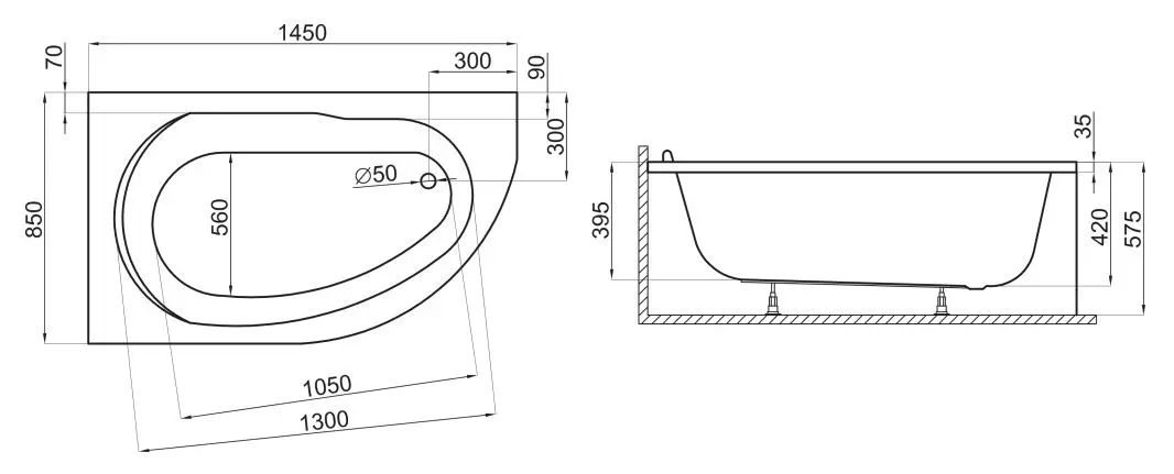 Cada de baie Polimat Miki 145x85 Right (White)