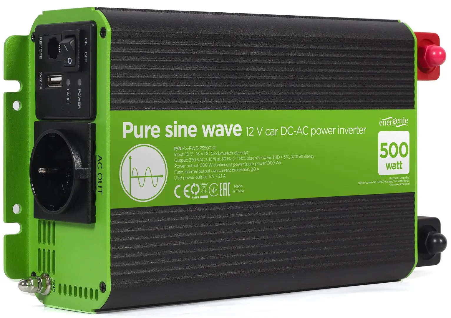 Invertor auto Energenie EG-PWC-PS500-01 (Black/Green)