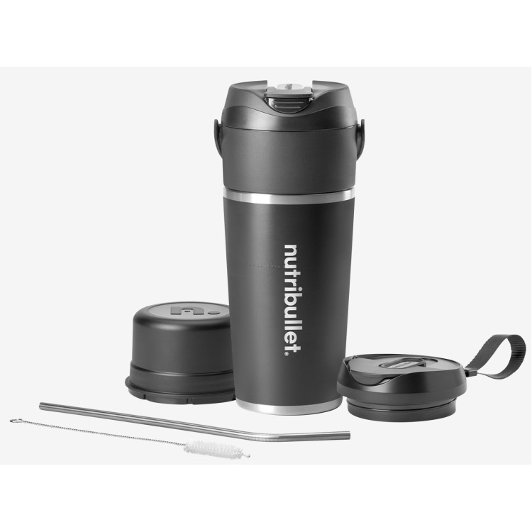 Blender portabil nutribullet Flip NBP016B, cupă otel inoxidabil izolata cu pereti dubli 590 ml, mentinere la rece 24 ore, 14+ utilizari per incarcare, USB-C, Negru