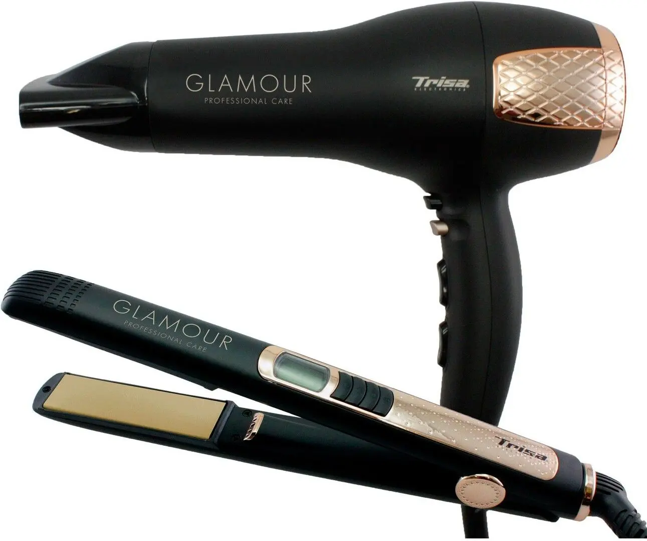 Set uscator + placa de indreptat parul Trisa Glamour Profesional (Black/Gold)