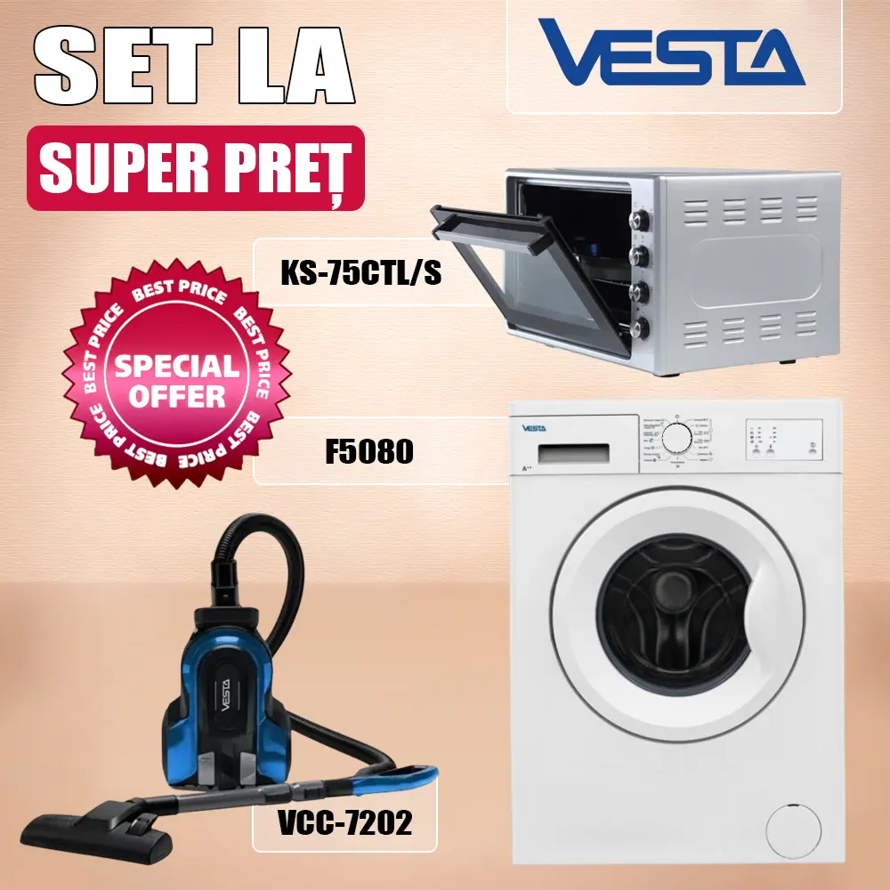 Set electrocasnice Vesta F5080 + KS-75CTL/S + VCC-7202 (White/Silver/Blue)