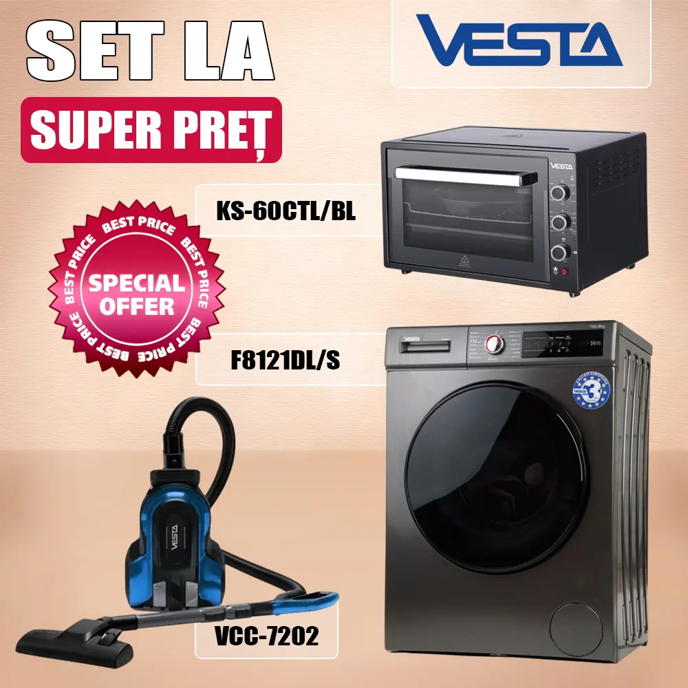 Set electrocasnice Vesta F8121DL/S + KS-60CTL/BL + VCC-7202 (Grey/Black/Blue)