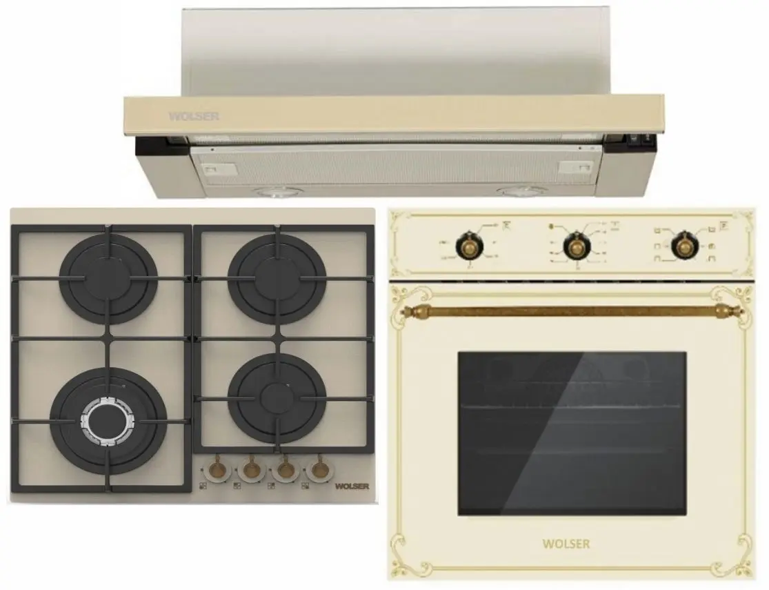 Комплект встраиваемой техники Wolser WL-60 FG IX + WL-6400 + WL-F 66 (Ivory Rustic)