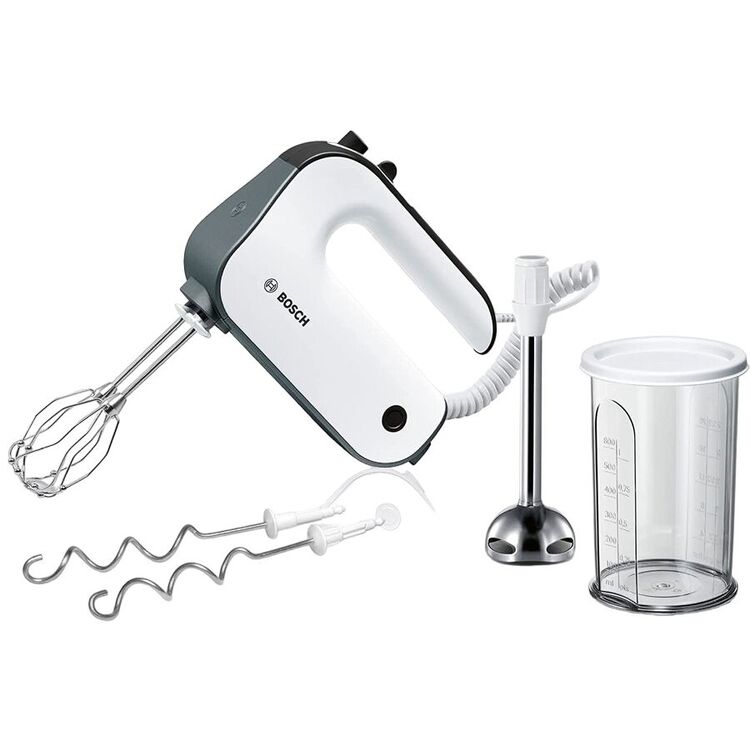 Mixer de mana Bosch MFQ49700, 850 W, 5 trepte de putere + functie turbo, Vas gradat ,picior blender cu cutit cu 4 lame din otel inoxidabil, Alb
