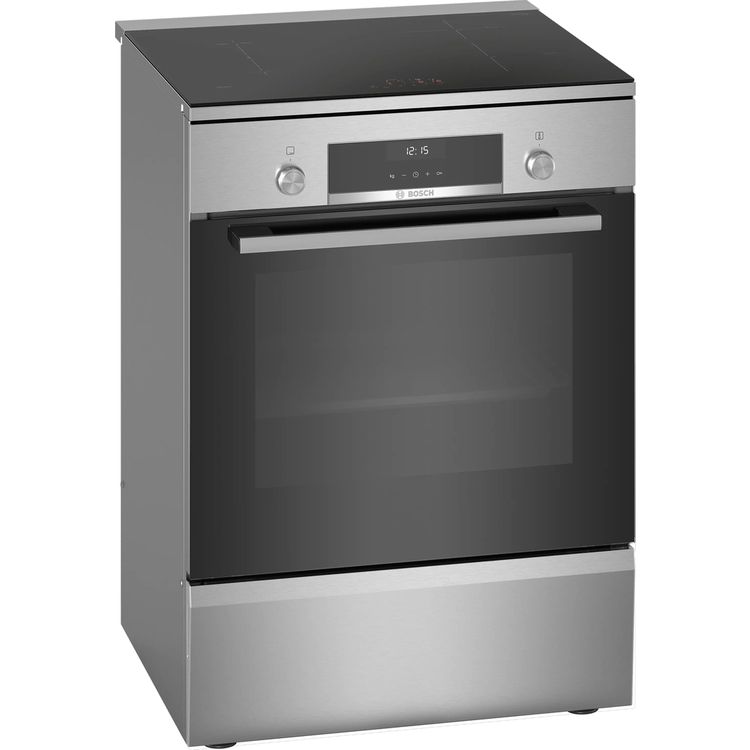 Aragaz Bosch HLS59D351, Electric, Plita inductie, 4 zone gatit , Control electronic, Cuptor electric, 66 L, Grill, Autocuratare EcolClean + hidrolitica, 3D Hotair, 2 suporti telescopici, sertar depozitare, Timer, 60 cm, Inox