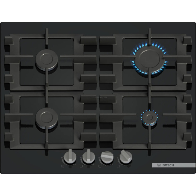 Plita incorporabila Bosch PNP6B6K40, Gaz, 4 arazatoare, Gratar fonta, 60 cm, Sticla neagra