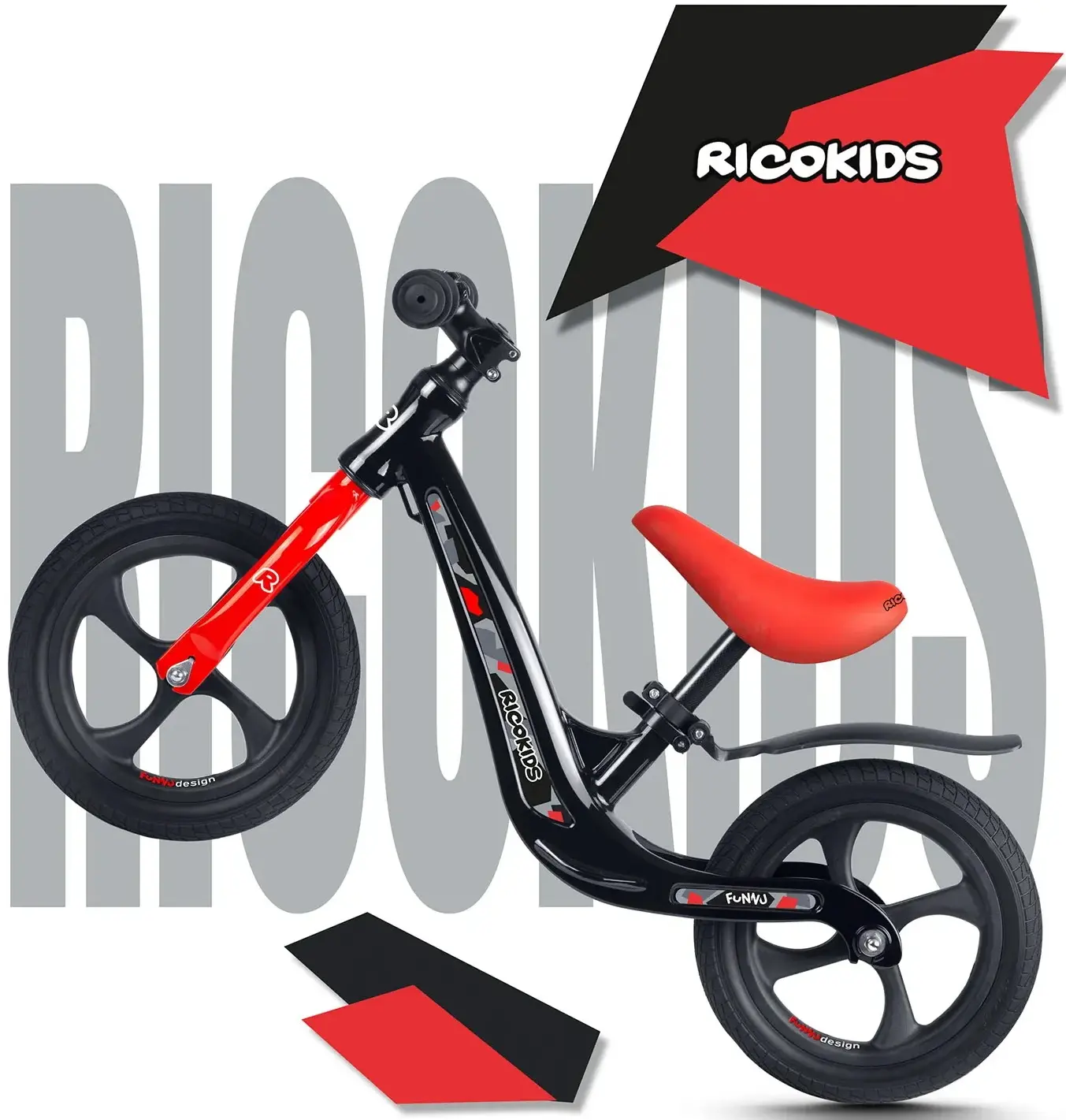 Bicicleta fara pedale Ricokids Funnu 760501 (Black/Red) - 6
